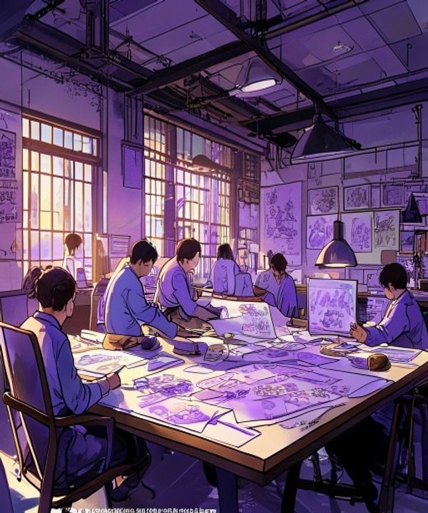 宫绘漫华工口漫画创作团队在宽敞明亮的开放式工作室内协作交流，绘图板与创意草稿铺满桌面，紫色调的灯光营造出浓厚的艺术创作氛围