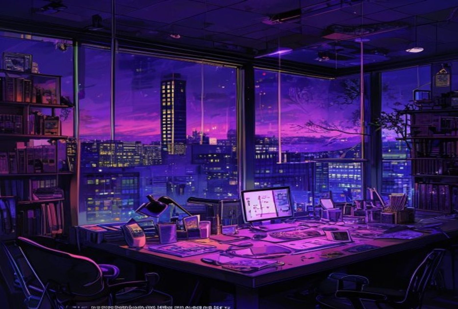 宫绘漫华工口漫画平台夜景办公室，紫色霓虹灯光透过落地窗映照在创作者的绘图桌上，充满艺术氛围