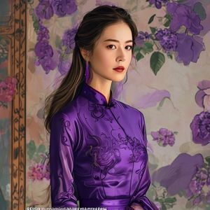 宫绘漫华艺术总监陈紫嫣的专业形象照，女性，长发，身着艺术感十足的紫色服装，背景为色彩丰富的漫画插画展示墙，气质优雅专业