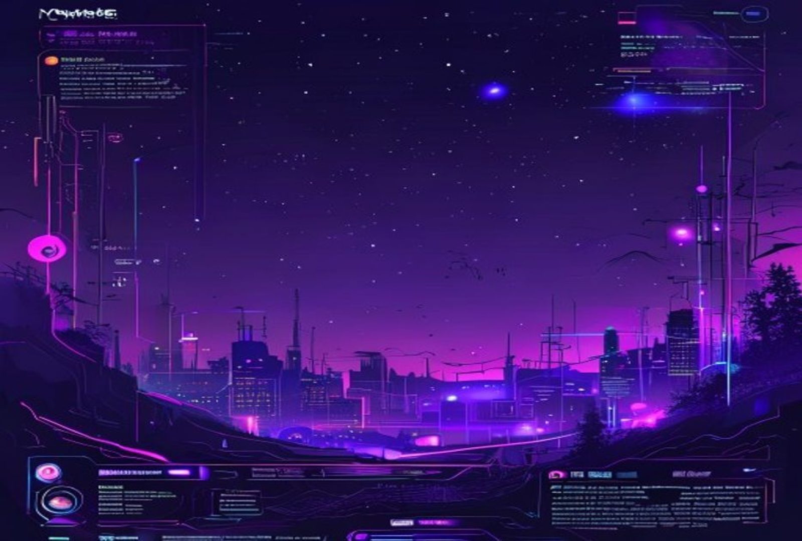 深紫夜空背景下霓虹粉紫色调的工口漫画平台首页视觉，数据看板风格界面展示精选漫画内容，科技感与艺术感并存